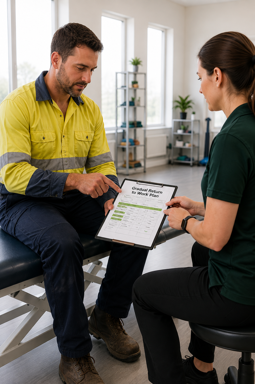 Worker and physiotherapist discussing a graded recovery plan