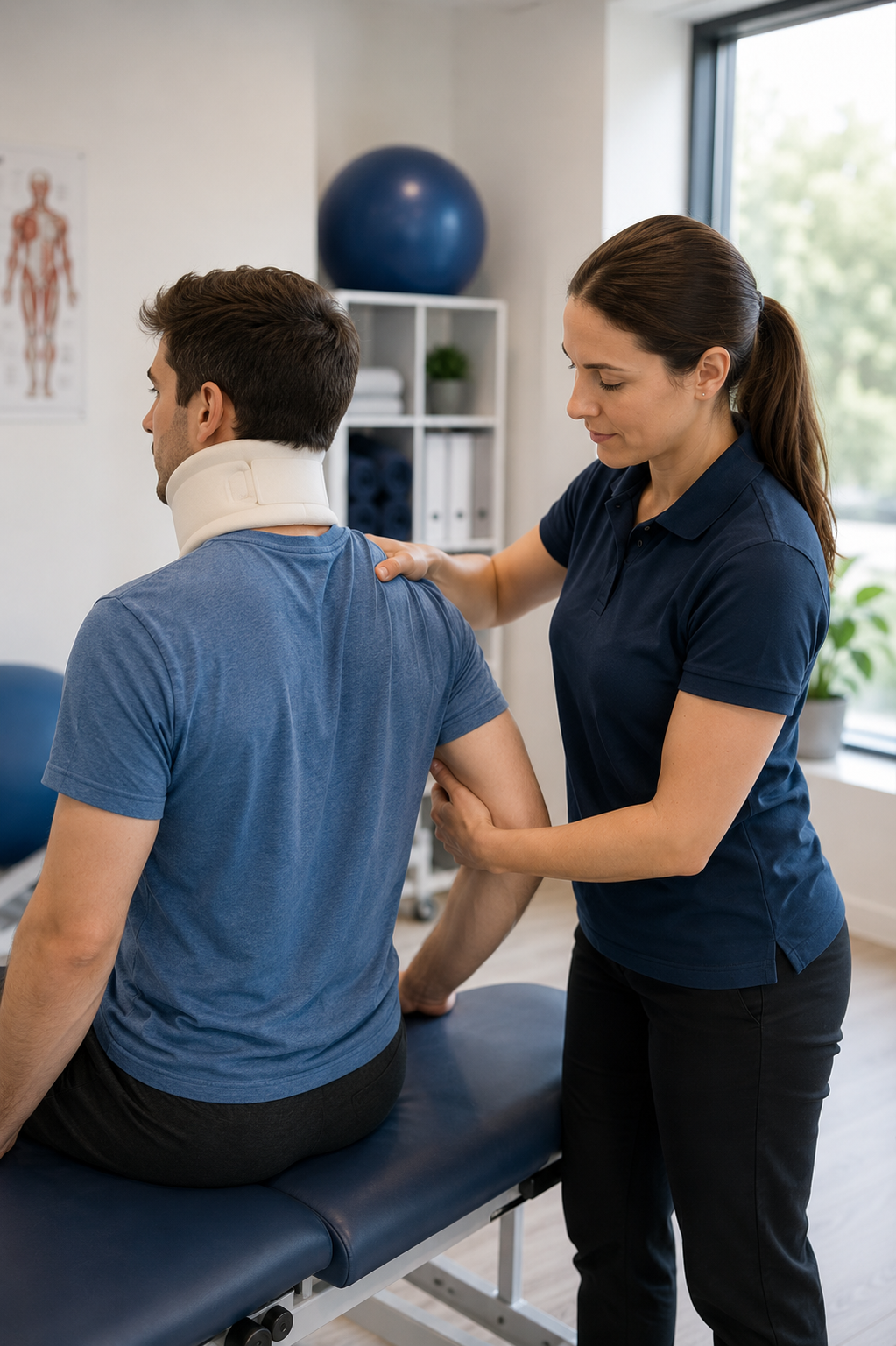 Patient and physiotherapist discussing recovery after a transport accident