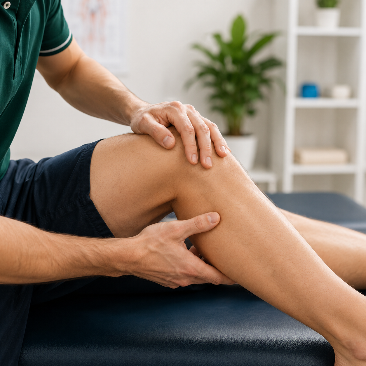 Physiotherapist performing a gentle knee joint mobilisation with the patient's thigh, knee and lower leg clearly visible