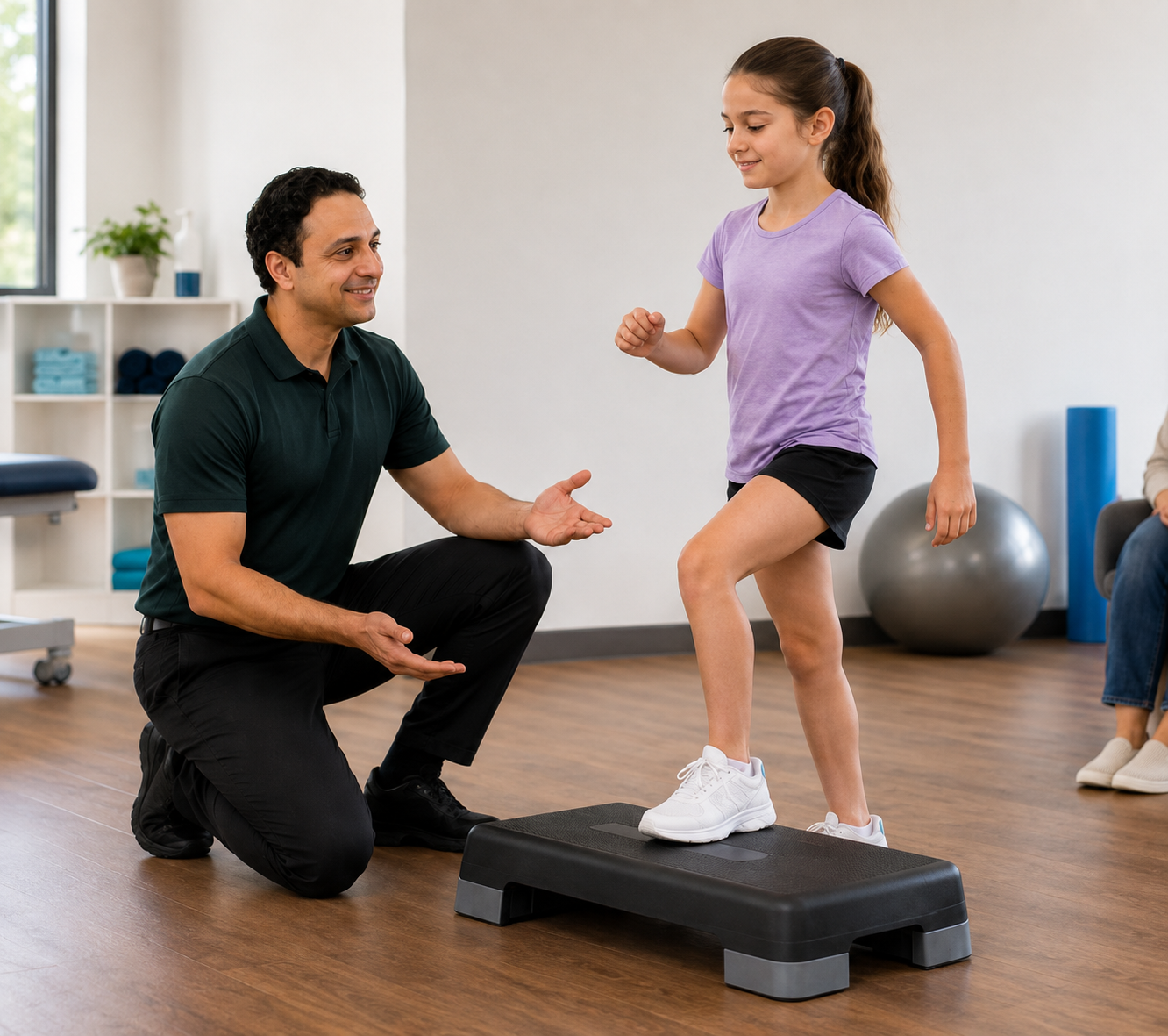 Hany Bebawy, Senior Physiotherapist, supervising a school-aged child during a controlled step-up balance exercise