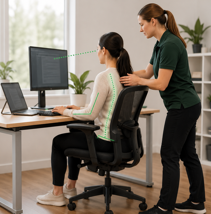 Adjustable office chair, monitor, keyboard and mouse set up for an ergonomic review