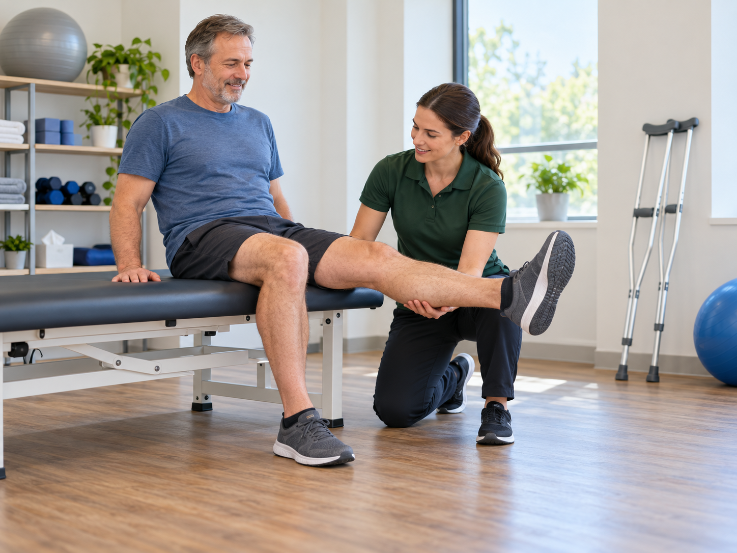 Physiotherapist supervising an adult during a step-up exercise