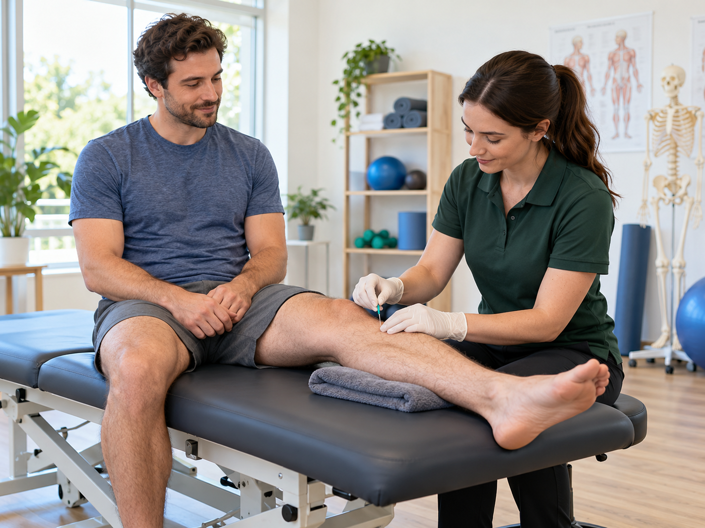 AI-generated illustration of a physiotherapist providing dry needling to an adult’s lower leg