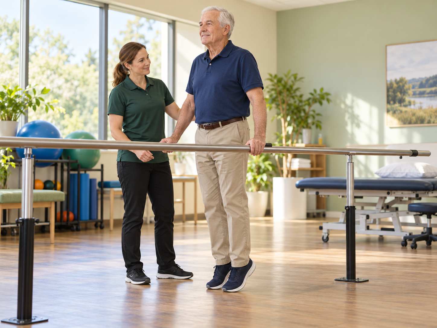 AI illustration of an older adult practising a supported calf raise with a physiotherapist