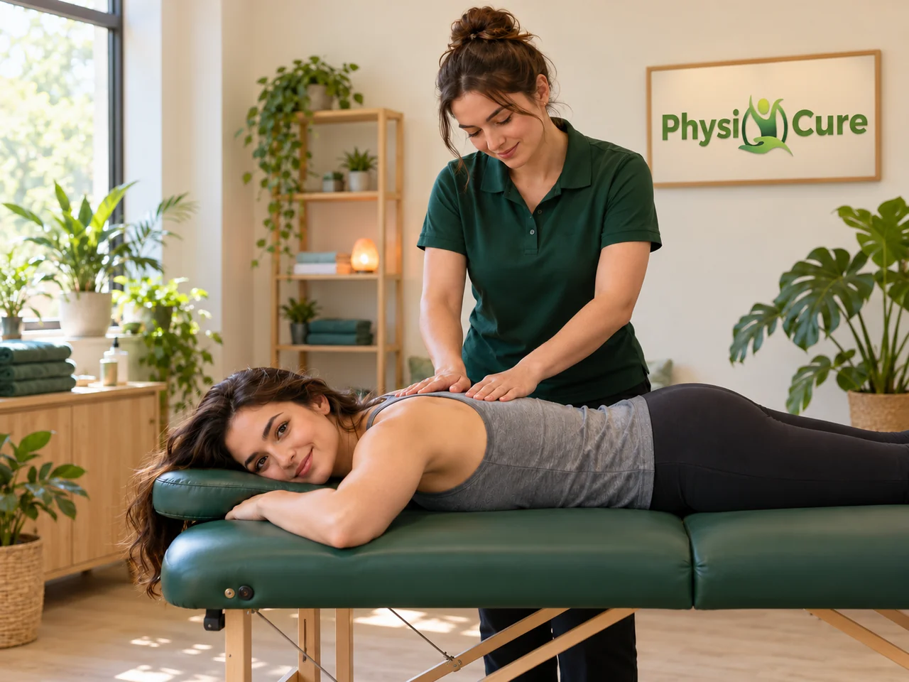 AI-generated illustration of a female physiotherapist giving a patient an upper-back massage