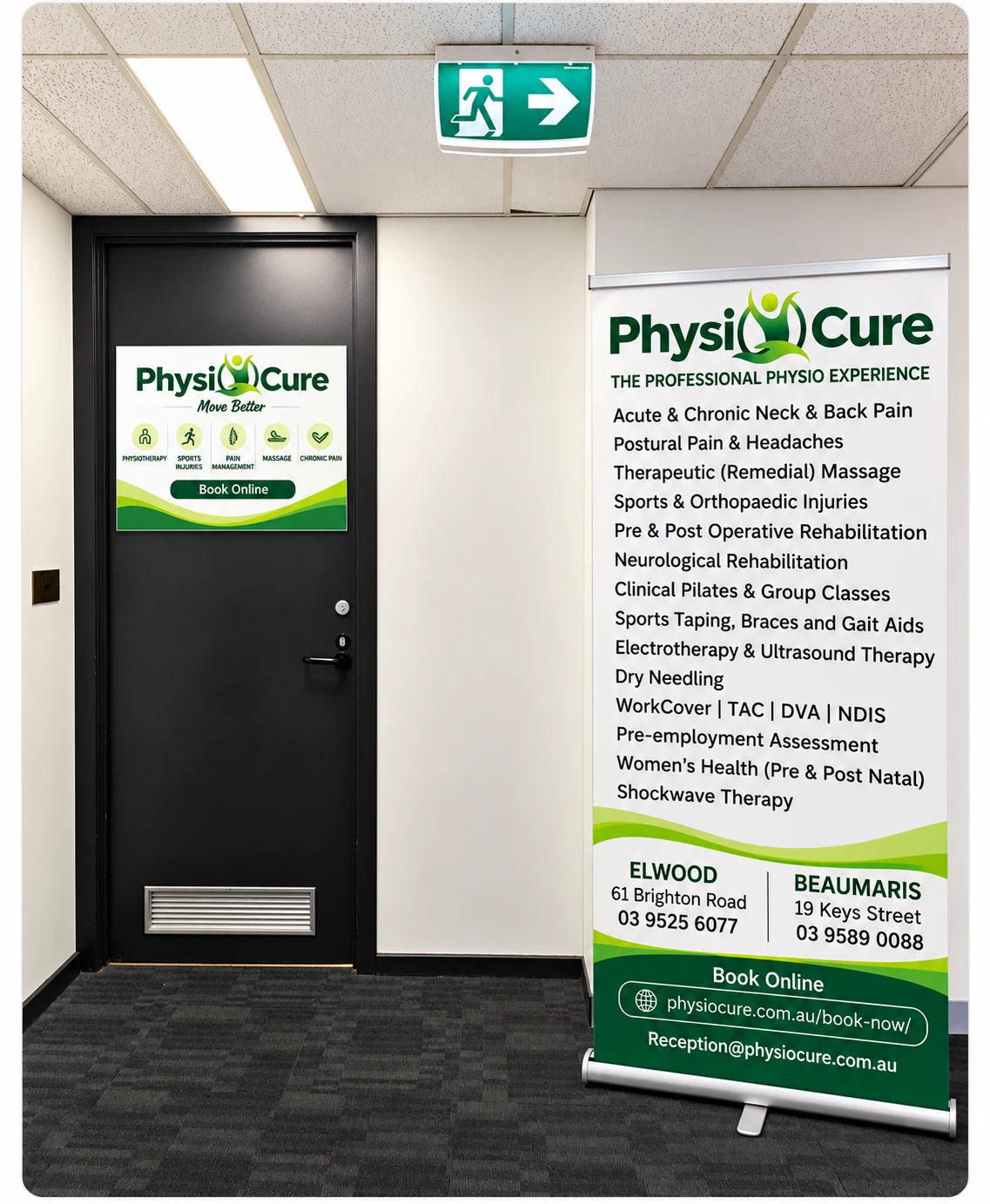 Physio Cure entrance and service signage for Elwood and Beaumaris